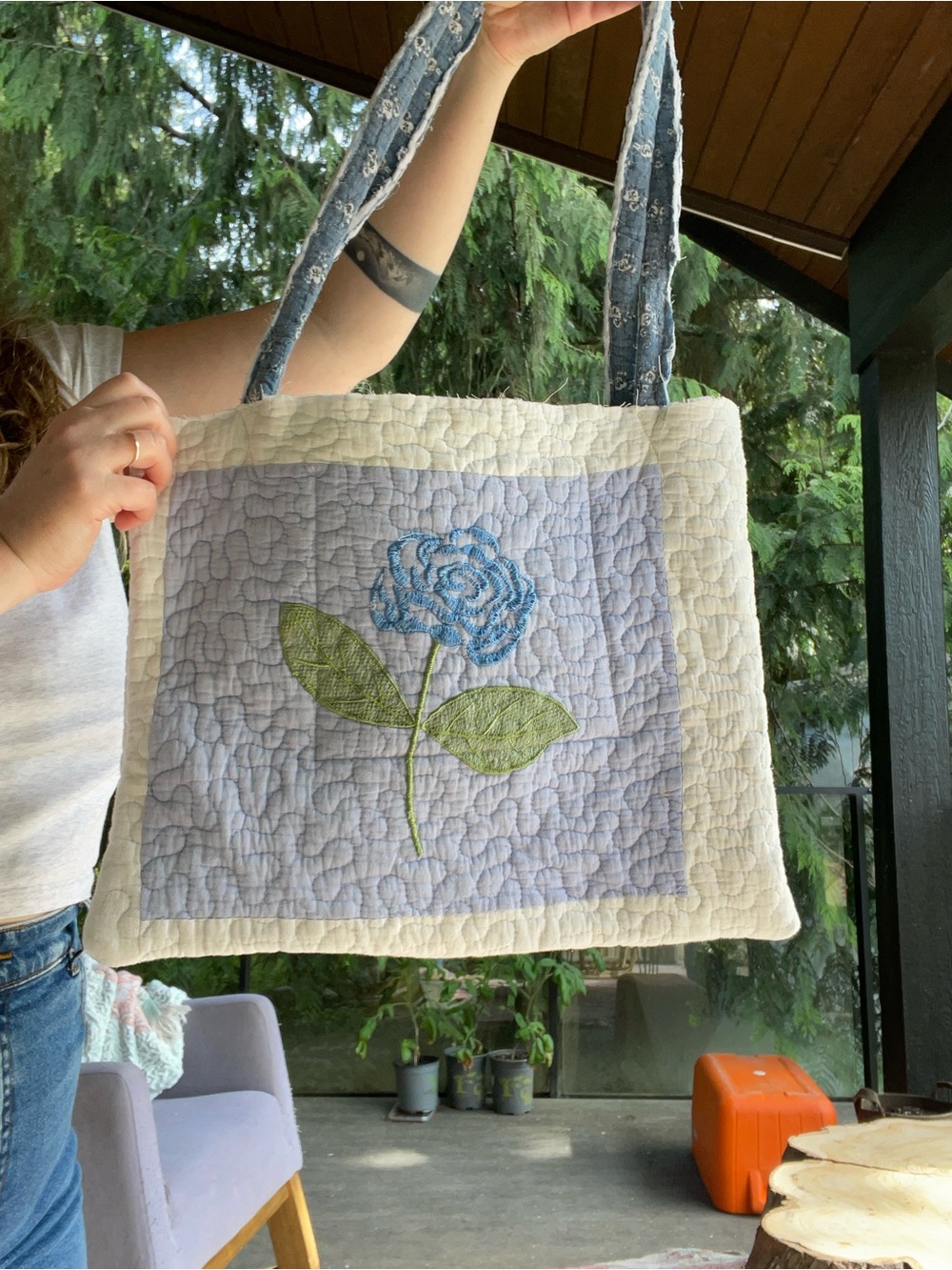 Handmade embroidered floral quilt tote